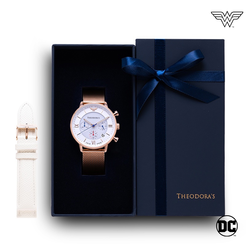 【THEODORA'S】限定禮盒神力女超人手錶+替換錶帶2入組-白面-米蘭玫金【希奧朵拉】