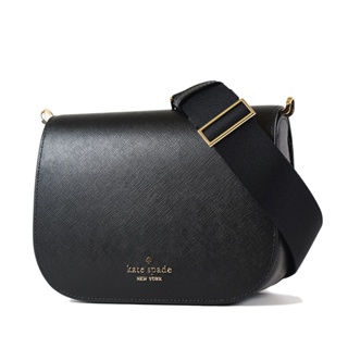 KATE SPADE Madison 十字紋防刮翻蓋斜背馬鞍包-黑色 【美國正品現貨】