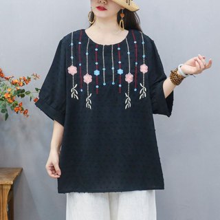 隔日到 LY 19852 刺繡 短袖棉麻上衣 棉麻衫 t恤 大尺碼女裝 春夏 寬鬆 阿美氏復古流行 民族風