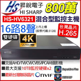 HS-HV6321 (取代HS-HP6321) H.265 昇銳 16路8聲 800萬 4K 雙碟 台灣製 監視器