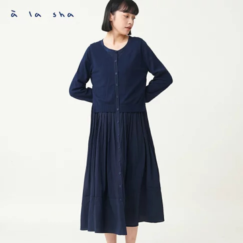 a la sha「全新、深藍S/淺綠SM」針織🧶針織拼接壓褶長袖洋裝👗