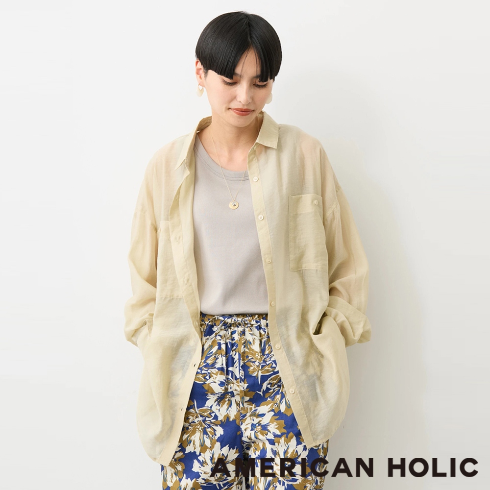 AMERICAN HOLIC 素面/條紋雙口袋透明襯衫上衣(HC42L0A0100)