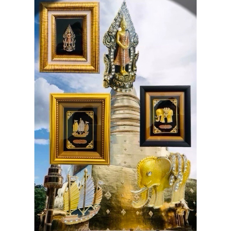 泰國製 釋迦牟尼佛神像 大象金象 泰國象神 三色寶船 帆船 佛框 裝飾品 掛畫壁飾壁畫 相框 擺件擺飾擺設 收藏紀念品