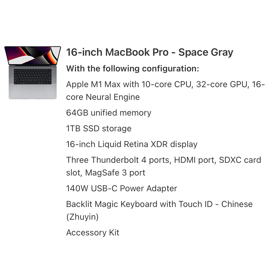16" MacBook Pro M1 Max 64G Ram 1T SSD