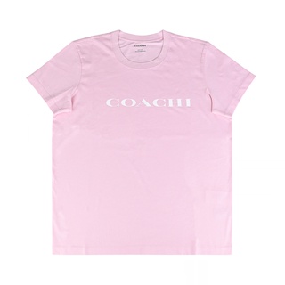 COACH字母LOGO白字設計純棉圓領短袖T恤(女款/淺粉)