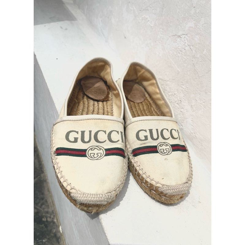 Gucci 麻底帆布鞋／logo印花。帆布鞋。草編鞋。canvas espadrilles （二手/專櫃購入)