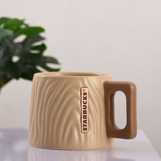 【LC】星巴克馬克杯子木紋浮雕款陶瓷杯大容量銅章咖啡馬克杯復古辦公室水杯子