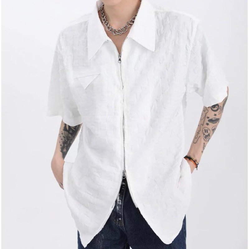 韓版寬鬆質感雙拉鍊墊肩設計短袖襯衫