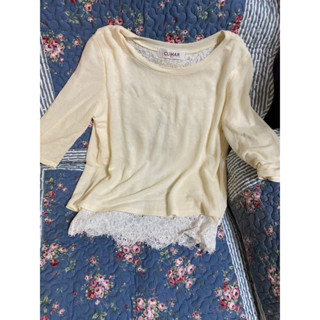 妮娜花園～滿500💕出貨～8.5新～M以下❤️Cumar 甜美奶油白 滿版白色蕾絲花卉 鬆鬆柔柔 薄針七分袖上衣