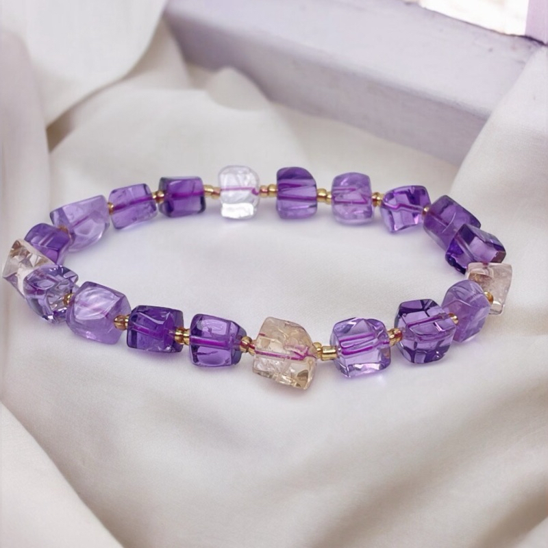 《酒晶天然水晶》紫水晶+黃水晶設計款手串 方糖隨型手珠 天然水晶手珠#AB603
