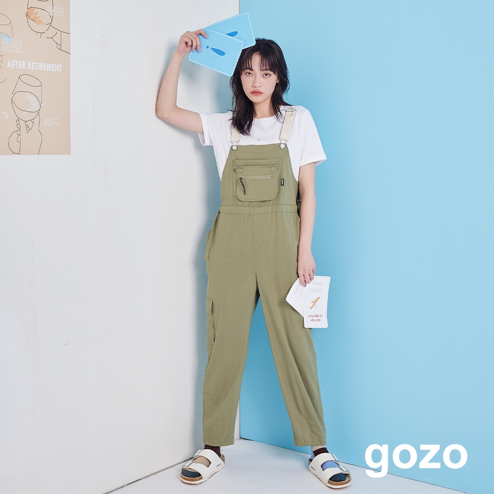 【gozo】口袋造型抽繩工裝吊帶褲(深藍/綠色_F) | 女裝 修身 休閒