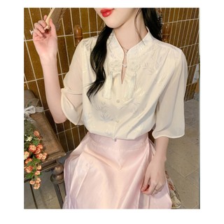 【❤️台灣出貨】新中式女襯衫 夏新款上衣女 時尚國風流蘇盤扣襯衫 印花泡泡袖襯衣 百搭減齡小衫 馬面裙上衣