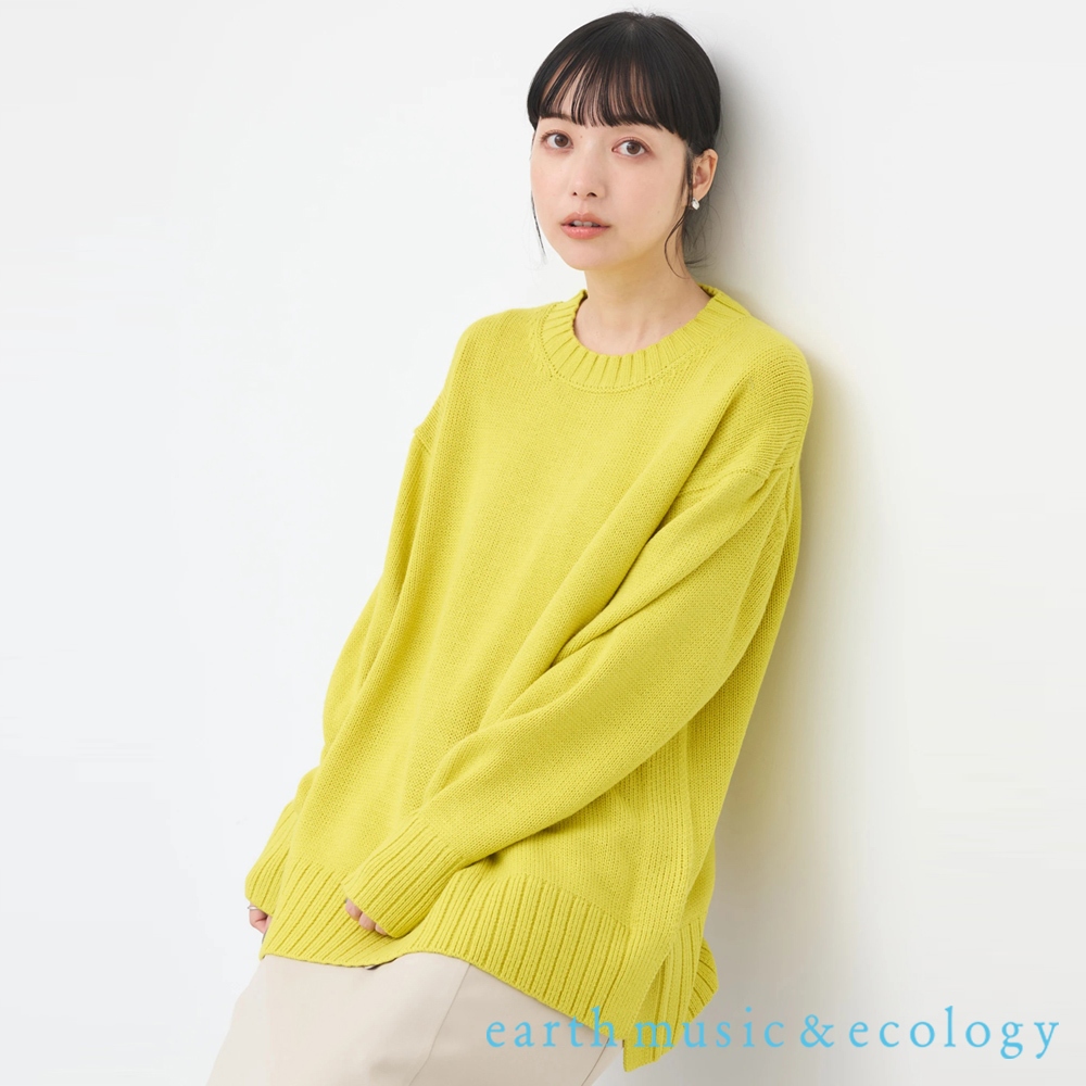 earth music&amp;ecology 橫條紋/素面定番可機洗側開衩針織衫(1L37L2C0300)