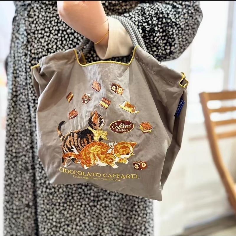日本ball chain 刺繡購物袋♡ms小號巧克力貓 灰（預購）