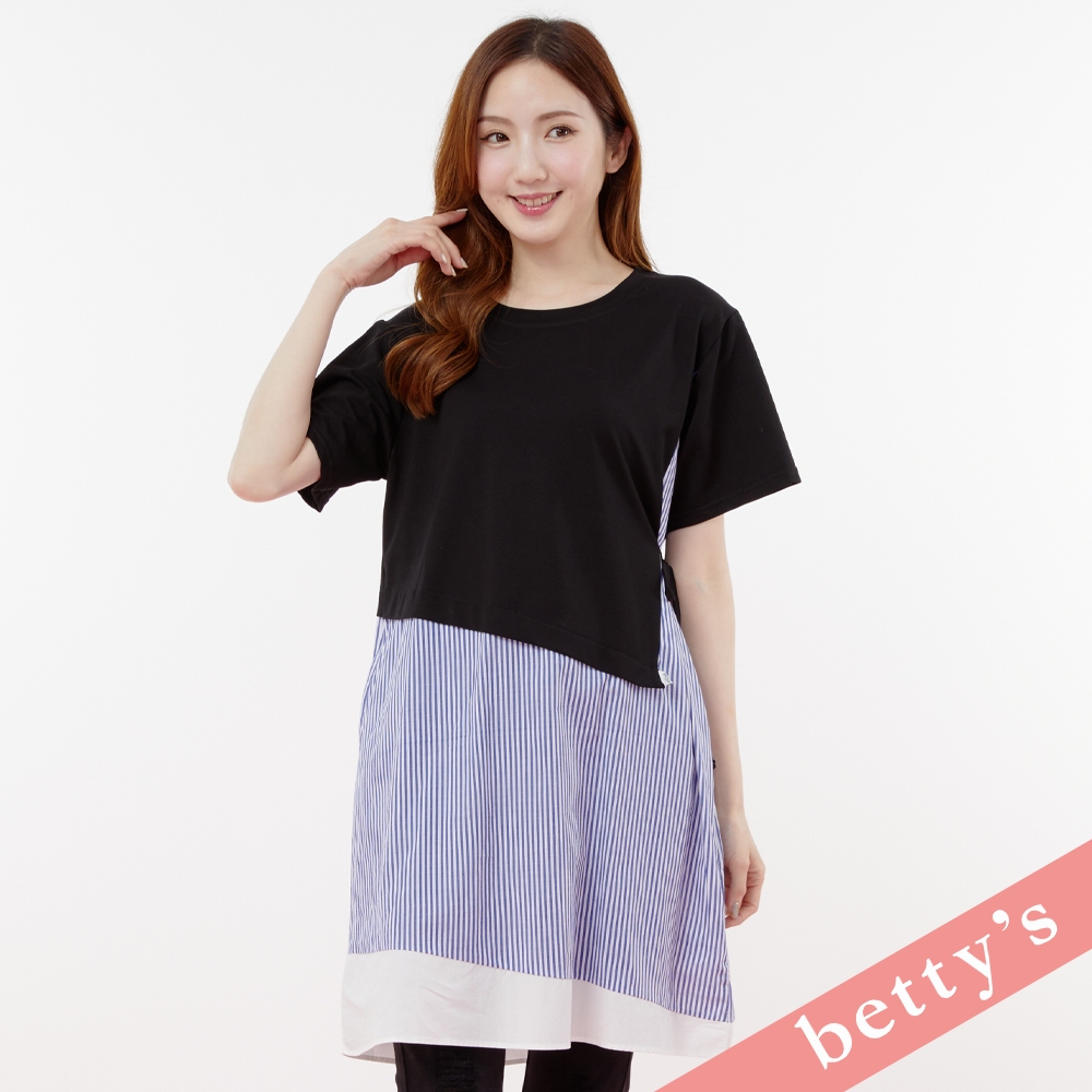 betty’s貝蒂思(31)直條紋拼接綁帶長版T-shirt(黑色)