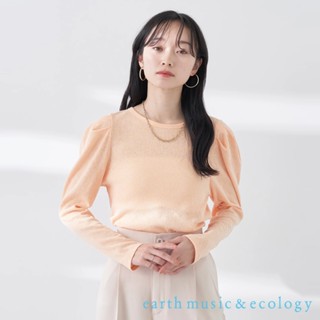 earth music&ecology 透膚泡泡袖捲邊羅紋長袖上衣(1M31L1B0500)