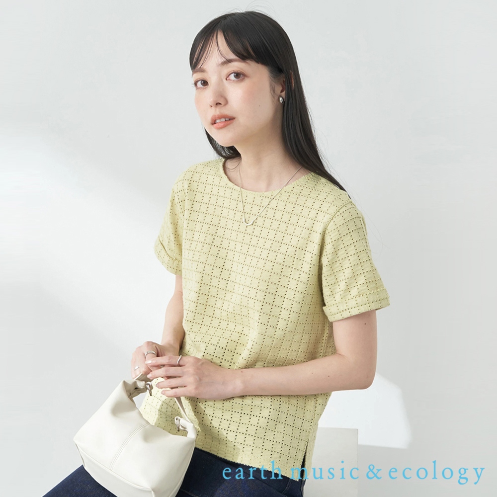 earth music&ecology 格紋提花蕾絲側開衩短袖上衣(1N42L1C1000)