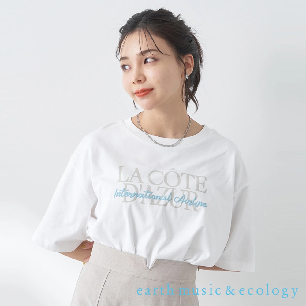 earth music&amp;ecology LOGO打印純棉圓領落肩短袖T恤(1K42L1C0400)