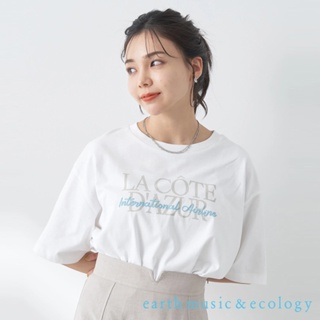 earth music&ecology LOGO打印純棉圓領落肩短袖T恤(1K42L1C0400)