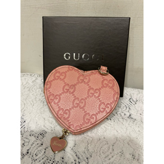 Gucci滿滿雙G 壓紋logo粉色愛心心型真皮零錢包