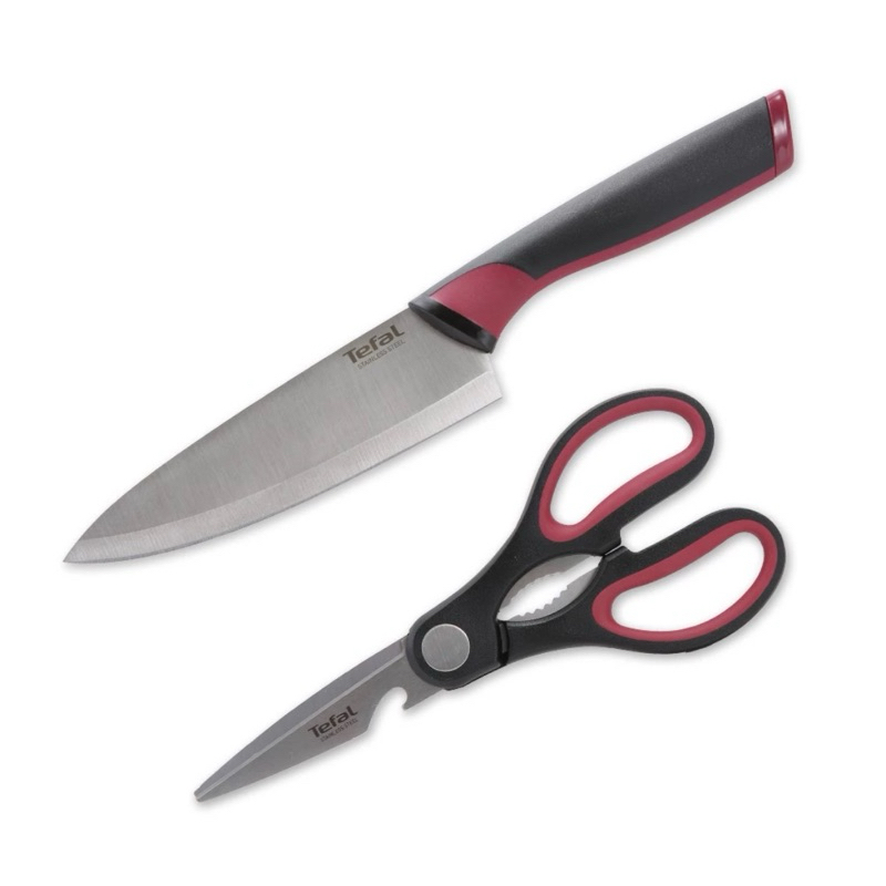 【現貨】Tefal法國特福 不鏽鋼系列主廚刀15CM+廚房剪刀2件組(紅)
