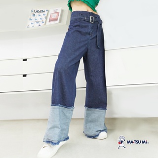 MA‧TSU Mi 腰帶設計反摺抽鬚丹寧感寬褲(深藍)