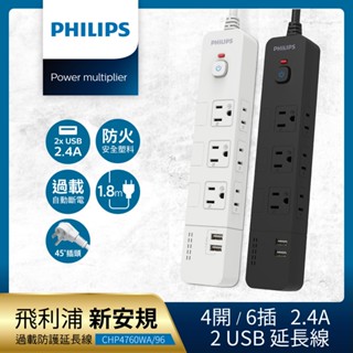 【Philips 飛利浦】4開6插+雙USB延長線 1.8M 兩色可選-CHP4760