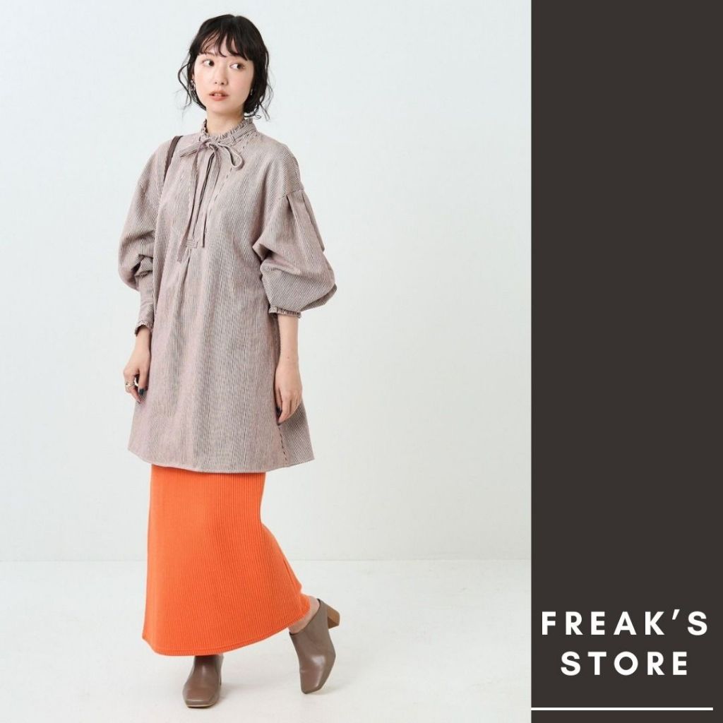 🐈快來帶走我的二手衣 🐈 日本正品 FREAK'S STORE 蝴蝶結燈籠袖的荷葉領長版襯衫 紅棕色條紋 襯衫洋裝 日牌