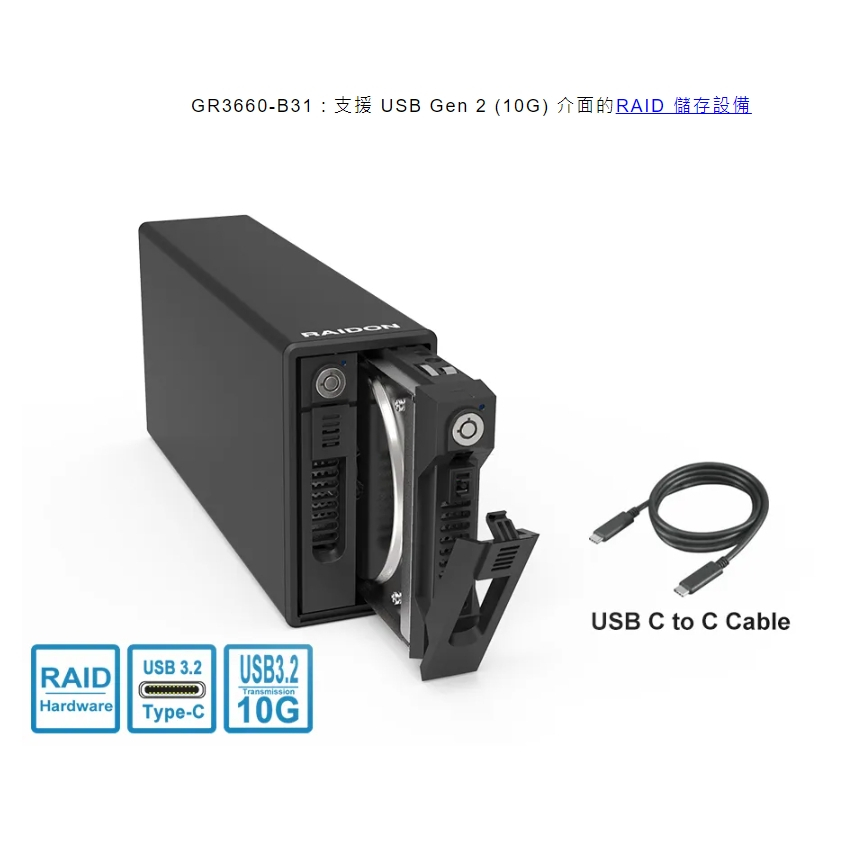 RAIDON GR3660-B31 USB3.1 Gen2 3.5" 2槽外接RAID陣列盒(全新現貨)