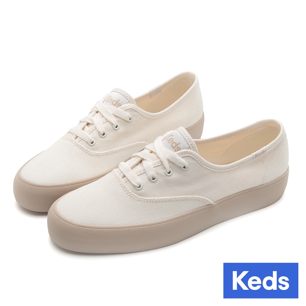 【Keds】CHAMPION GN 經典寬楦舒適帆布厚底休閒鞋-白/咖啡 (9243W110106)