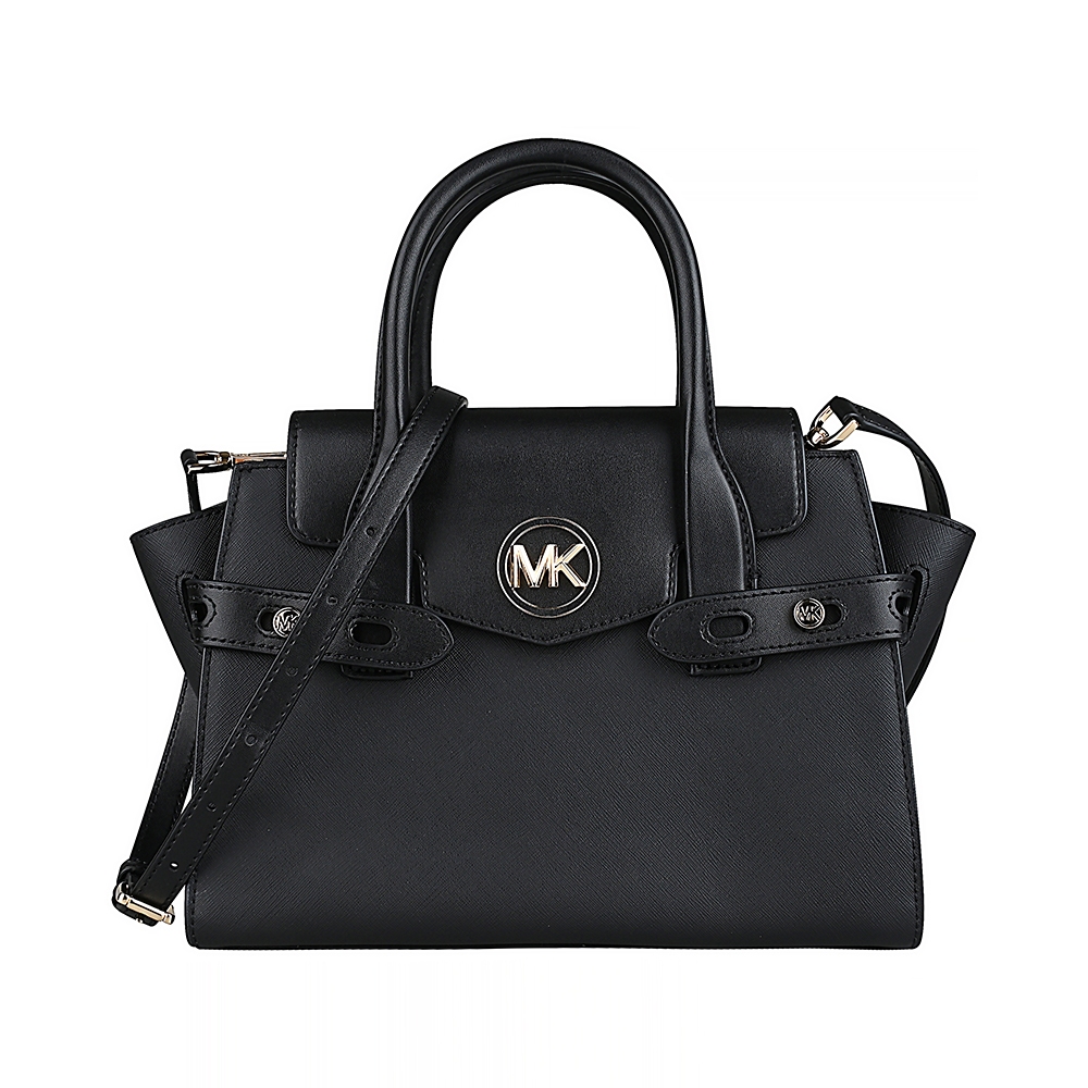 MK MICHAEL KORS CARMEN 縮寫金字LOGO十字紋防刮牛皮拼滑面牛皮釦式手提斜背包(中/黑)