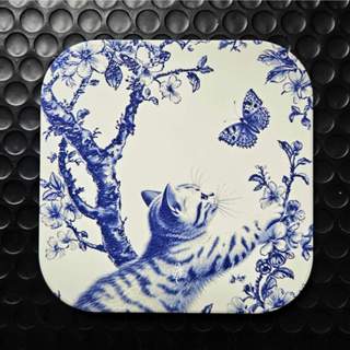 青花瓷 貓抓蝶- 晶雕吸水陶瓷杯墊