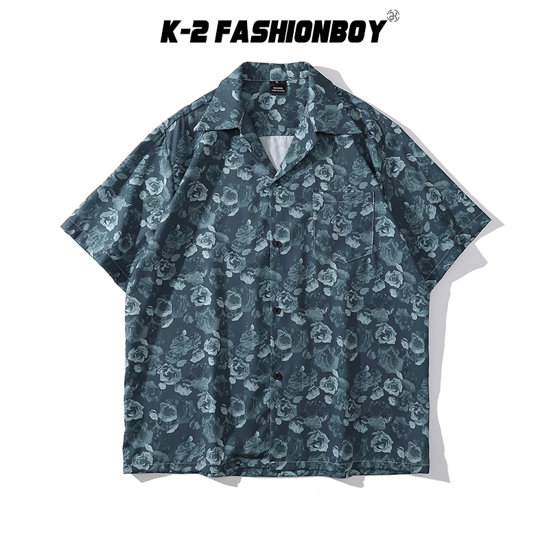 【K-2】碎花 滿版 花襯衫 短袖襯衫 春夏 穿搭 渡假 海邊 旅遊 出國 必備 流行 綠色 襯衫【HX693】