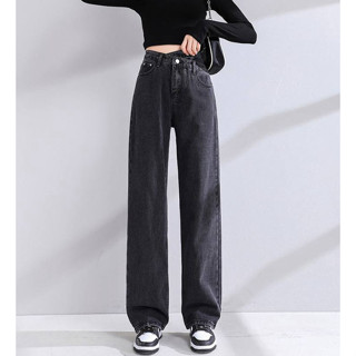 【現貨/快速出貨】女裝新品韓版不規則牛仔長褲闊腿褲斜扣寬鬆牛仔褲高腰牛仔褲直筒牛仔褲女生牛仔褲女生長褲女生褲子