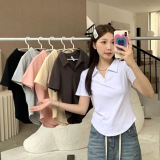 M-4XL 大尺碼上衣 大碼女裝純欲風polo領T恤夏季新款顯瘦不規則短袖胖mm打底上衣女