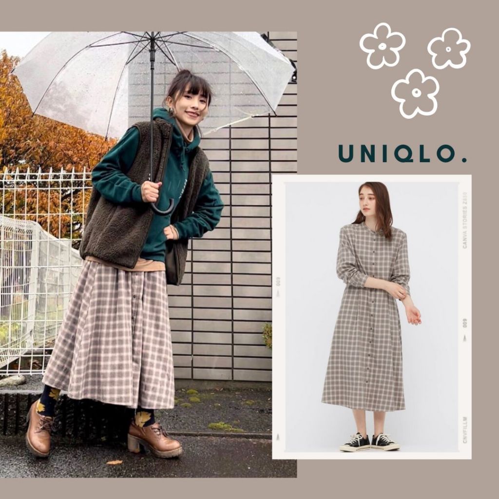 🐈 快來帶走我的二手衣 🇯🇵 🐈 日本正品 Uniqlo 柔軟法蘭絨寬襬洋裝 淺棕格紋 長袖 罩衫外套