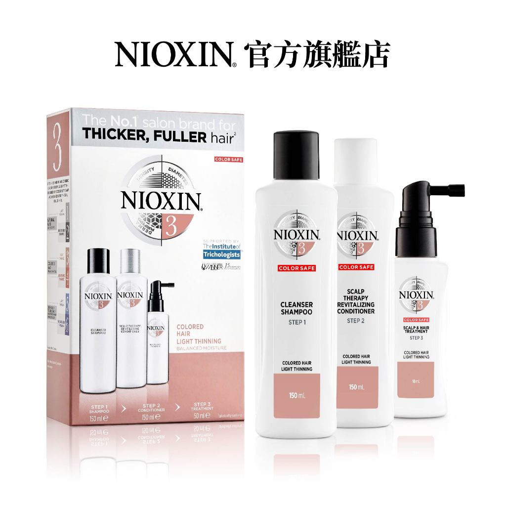 美國【NIOXIN 耐奧森】3號豐髮體驗組 (潔髮露+甦活乳+養護精華) 護色 鎖色 保水 頭皮調理 頭皮清潔 原廠代理