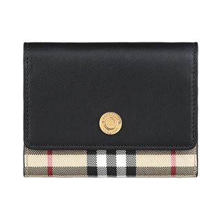 BURBERRY LANCASTER圓形壓印金字LOGO牛皮拼接PVC 6卡釦式三折短夾(黑x典藏米)