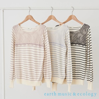 earth music&ecology 橫條紋蕾絲拼接圓領針織衫(1N41L2C0400)