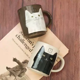 現貨 日本製六魯手繪貓咪馬克杯 黑色 白色 250ml 咖啡杯 馬克杯 水杯 陶瓷杯 貓咪 陶瓷馬克杯 茶杯 碗盤器皿