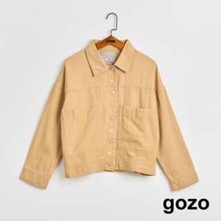 【gozo】➤刺繡門襟口袋薄夾克外套(卡其_F) | 女裝 顯瘦 休閒