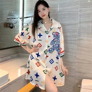 老花 暴力熊 睡衣 長襯衫 中長款睡衣 冰絲睡裙 女生睡衣 性感女睡衣 性感睡衣 睡衣女 睡衣大尺碼 冰絲睡衣 性感睡衣