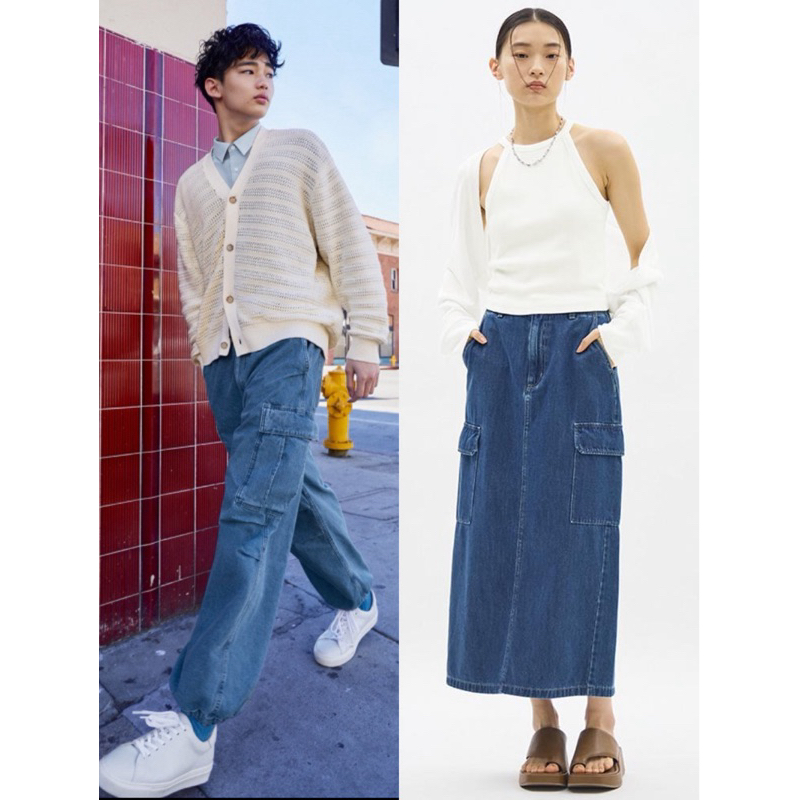 日本全新正品代購 GU 牛仔工裝褲 工作褲 寬褲（男女適穿、工裝牛仔長裙