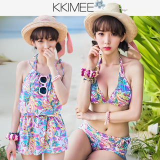 KKimee╭＊【實品比較圖】絕美圖騰民族風【ST30】水鑽抽繩【平口泳褲+罩衫】集中三件式比基尼泳衣