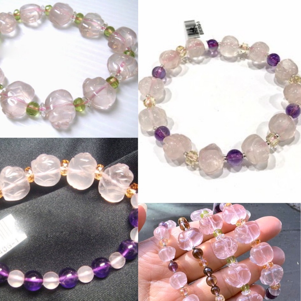 『晶鑽水晶』星光粉晶(芙蓉晶)小豬+黃水晶+紫水晶+茶晶+橄欖石手鍊 水晶純銀手鍊