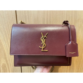YSL-酒紅色金扣金鍊Sunset兩用包-442906-附購證防塵紙袋