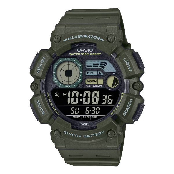 CASIO 卡西歐 WS-1500H-3BV 10年電力水上運動手錶 軍綠色 50.1mm