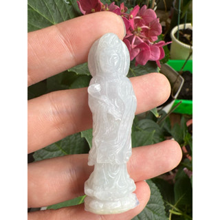 天然翡翠A貨-糯冰手持如意站觀音項鍊 擺件