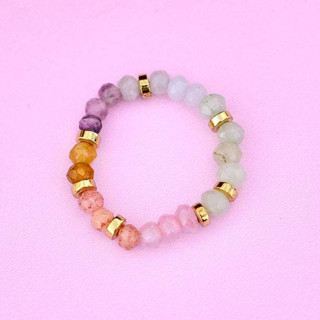 Pura Vida 美國手工 OMBRE RAINBOW BEAD STRETCH 漸層彩虹石金色彈性戒指