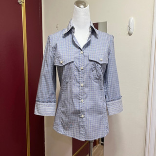 Max Mara Weekend 水藍色 知性 拼接 格紋 條紋 七分袖 襯衫上衣 M maxmara